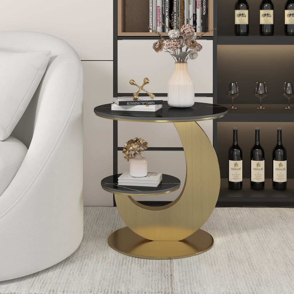 500mm Round Sintered Stone 2-Tier Gold Moon-Shaped Side Table window image