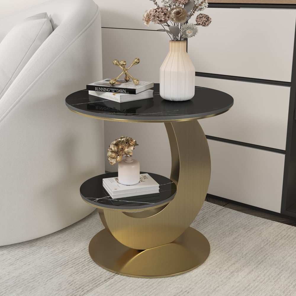 500mm Round Sintered Stone 2-Tier Gold Moon-Shaped Side Table window image
