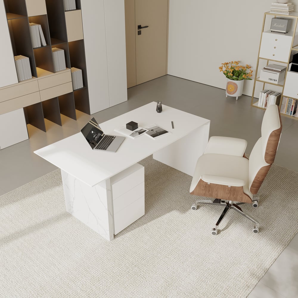 60" Modern MDF & Marble Veneer Desk & Off White Home Office Chair Set High Back window image