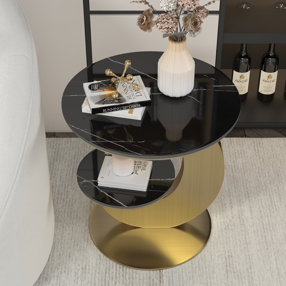 500mm Round Sintered Stone 2-Tier Gold Moon-Shaped Side Table window image