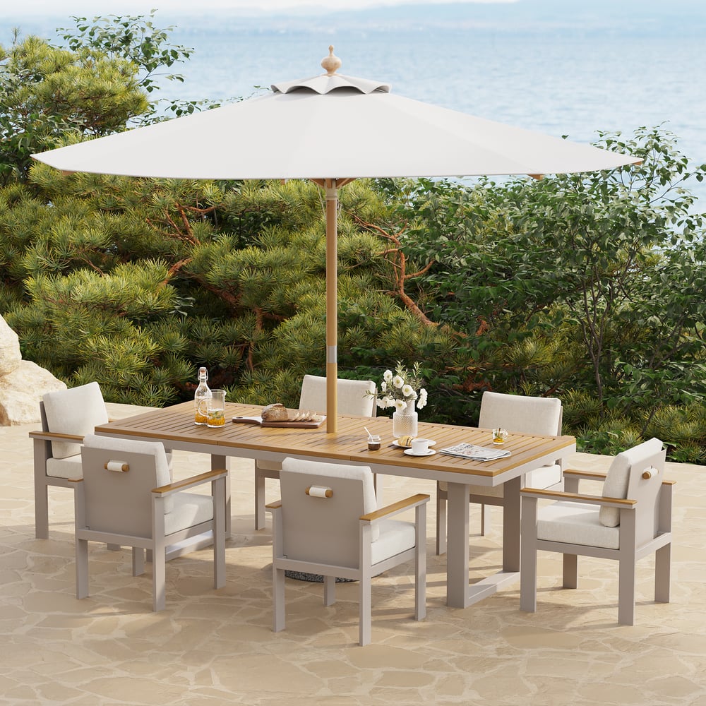 Axis 8 Pieces Rectangle Wood & Aluminum Outdoor Dining Set with Central Pillar Umbrella window image