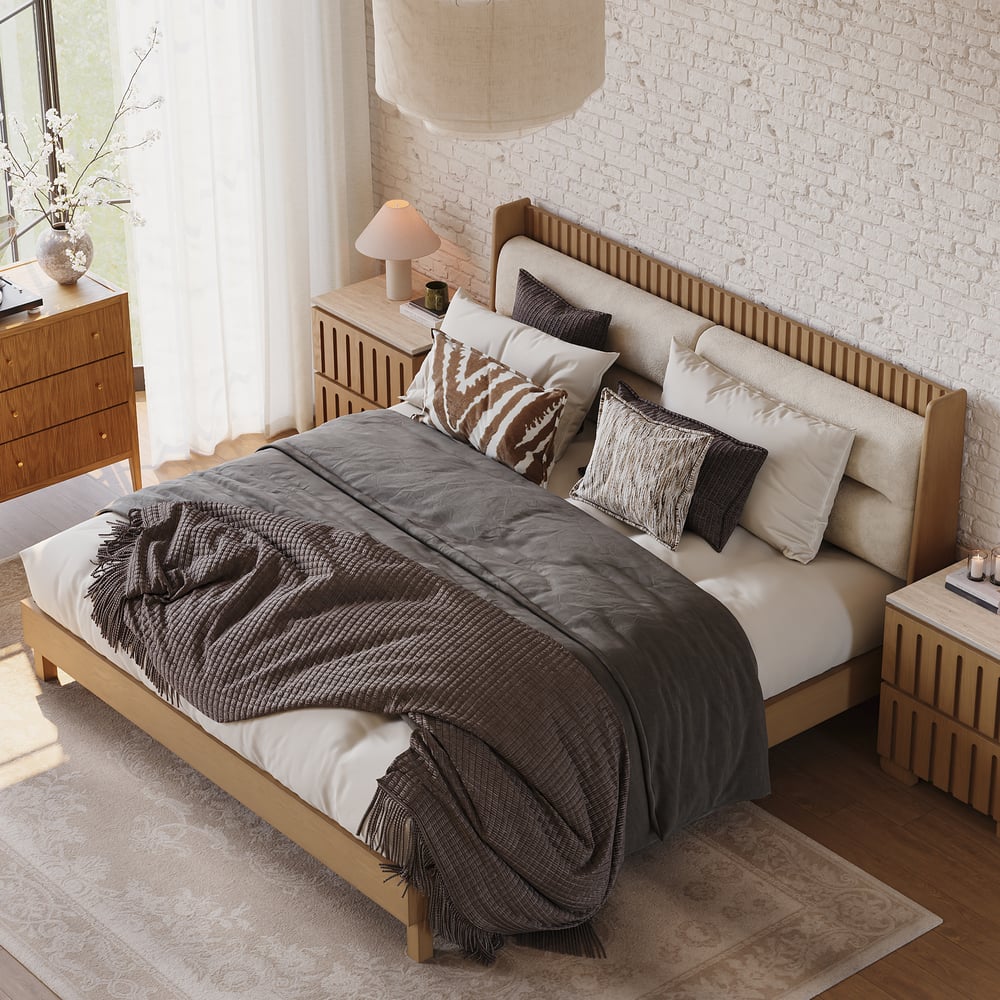 Modern Natural King Size Solid Wood Bed with Boucle Headboard Pillows window image