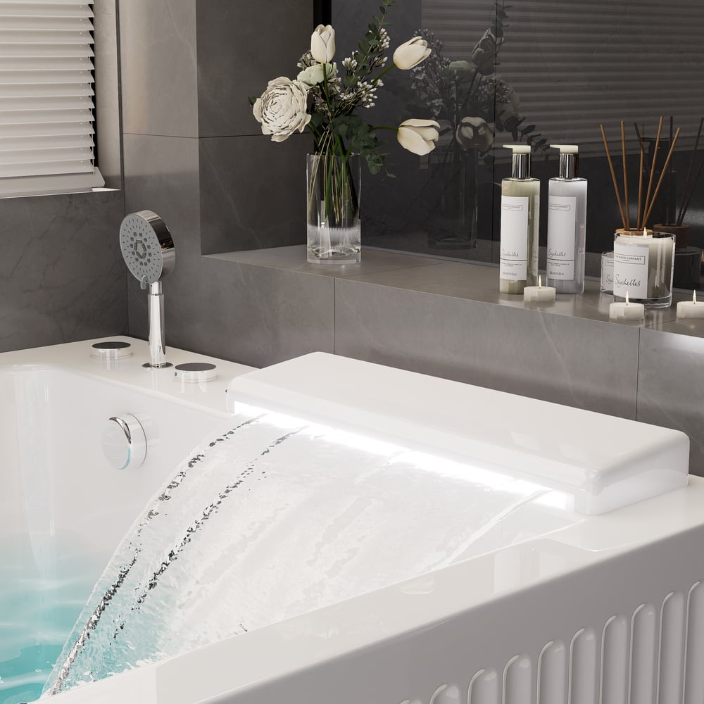 66.7" Fluted Double Jacuzzi Bathtub Acrylic with LED-Lit Waterfall Pillow window image