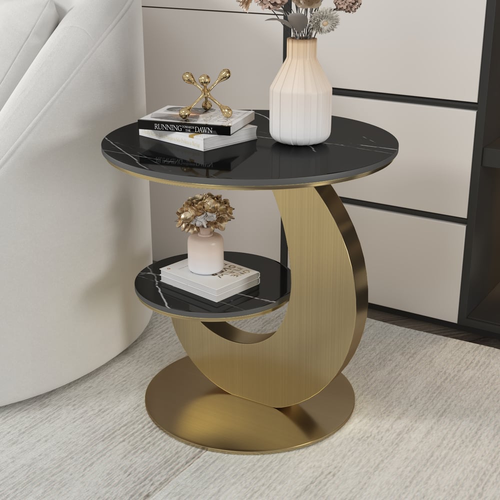 500mm Round Sintered Stone 2-Tier Gold Moon-Shaped Side Table window image