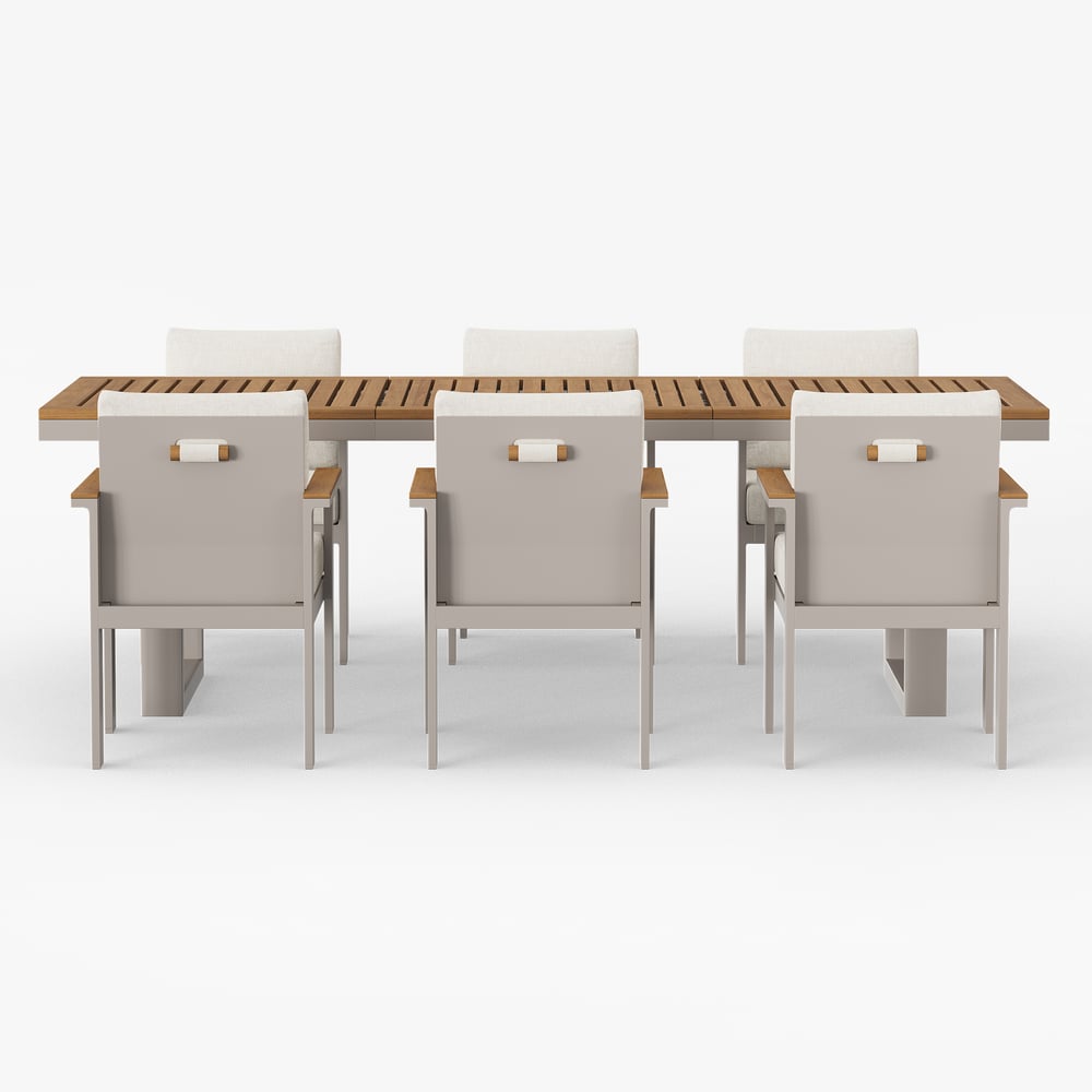 Conjunto de jantar retangular de teca e alumínio Axis de 7 peças para pátio externo para 6 pessoas Imagem da janela