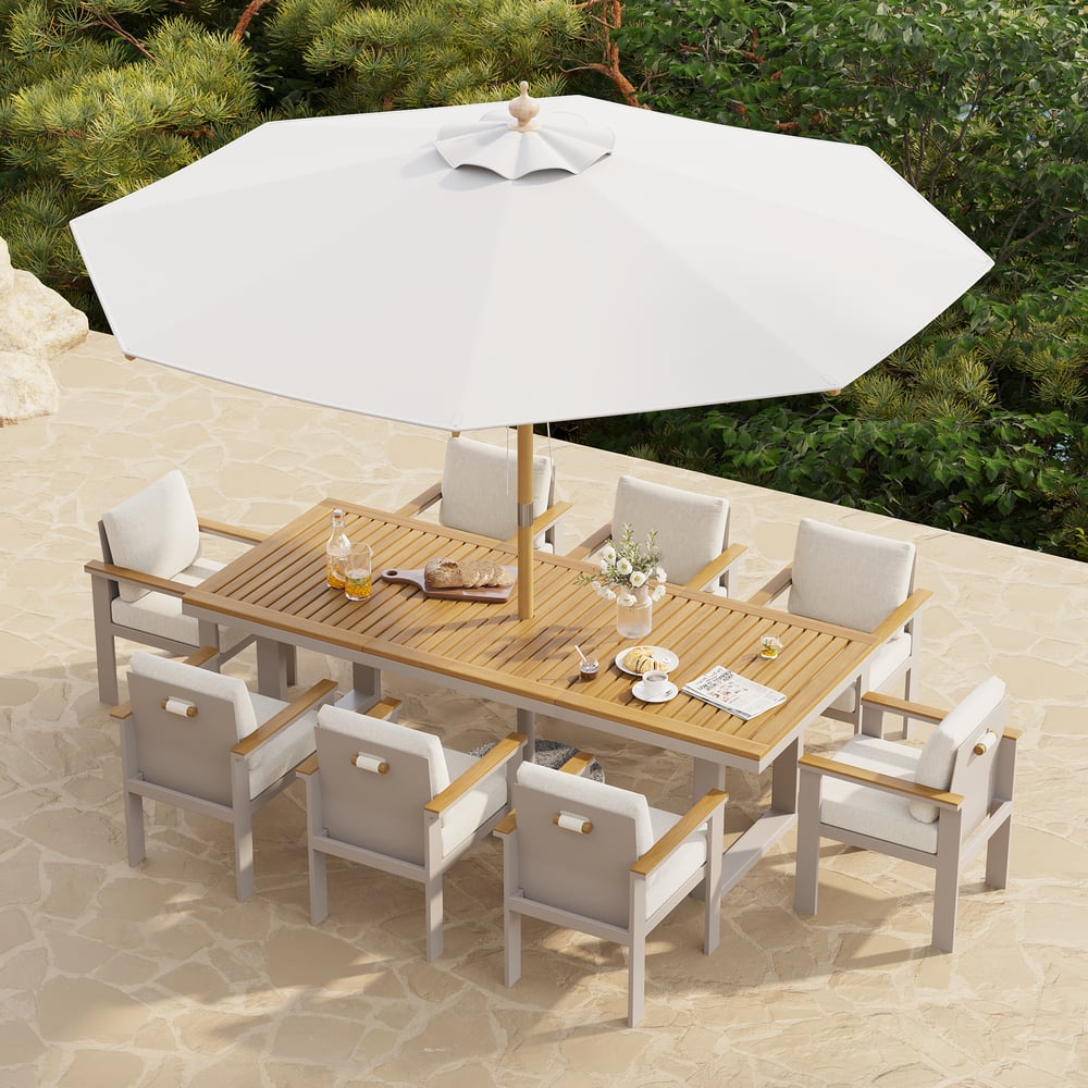 Axis 10 Pieces Rectangle Wood & Aluminum Outdoor Dining Set with Central Pillar Umbrell window image