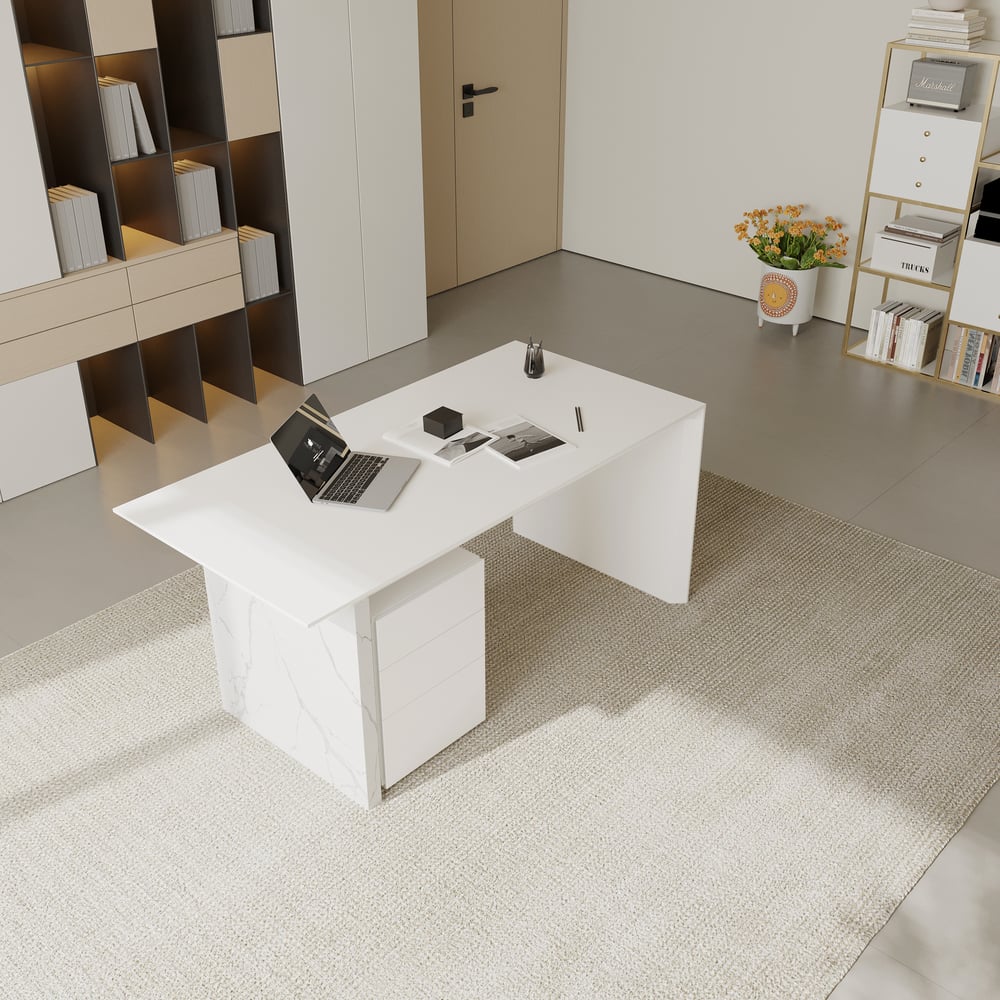 60" Modern MDF & Marble Veneer Desk & Off White Home Office Chair Set High Back window image