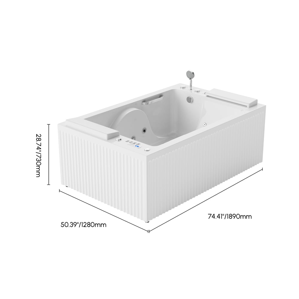 66.7" Fluted Double Jacuzzi Bathtub Acrylic with LED-Lit Waterfall Pillow weights dimensions image