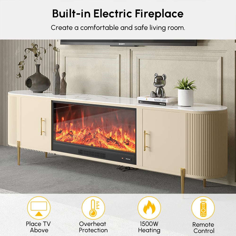 78.7" Sintered Stone Top Electric Fireplace TV Stand with Remote Control and Storage window image