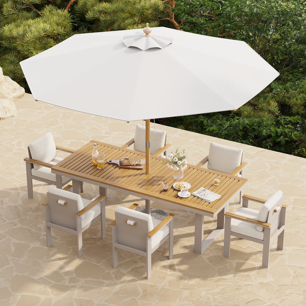 Axis 8 Pieces Rectangle Wood & Aluminum Outdoor Dining Set with Central Pillar Umbrella window image