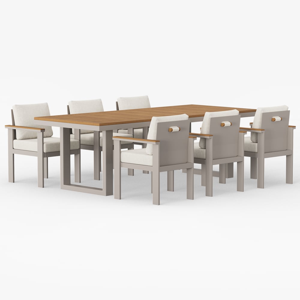 Conjunto de jantar retangular de teca e alumínio Axis de 7 peças para pátio externo para 6 pessoas Imagem da janela