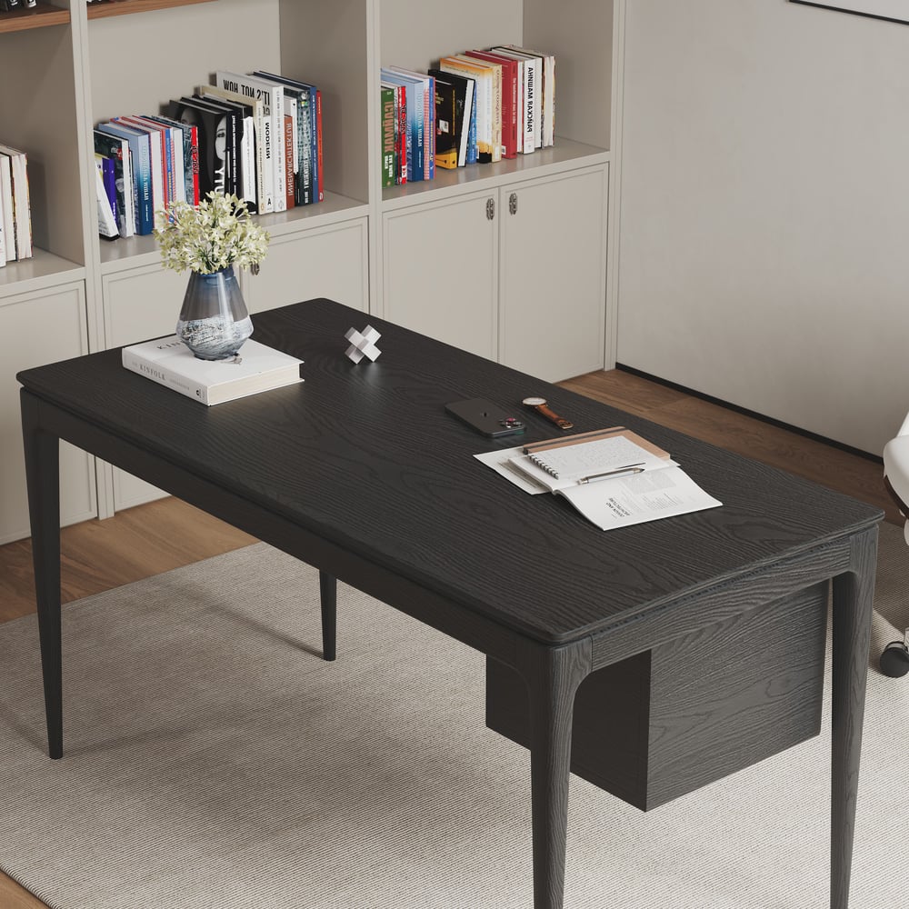 Mesa de escritório doméstico em madeira de freixo preto em estilo de meados do século com 3 gavetas (1400 mm) Imagem da janela