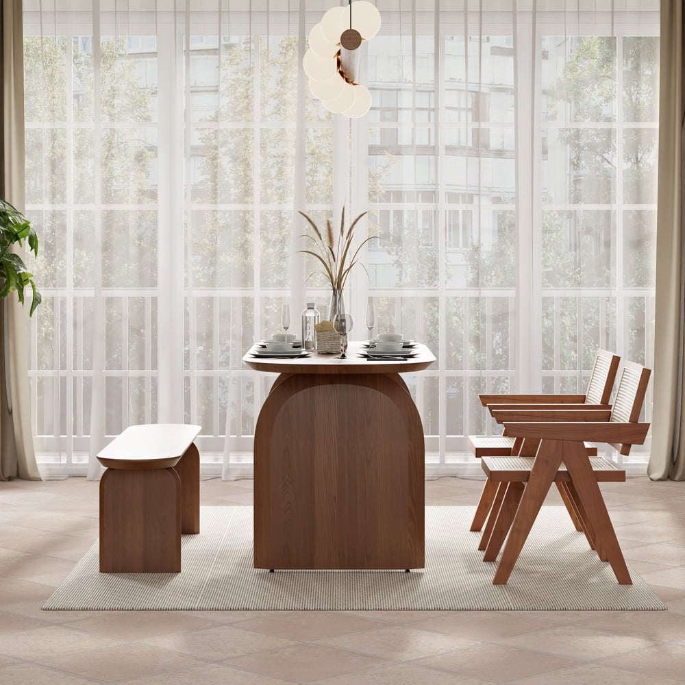 Tintica Series 59" Japandi Style Oval Wood Dining Table Walnut Seats 4 People window image