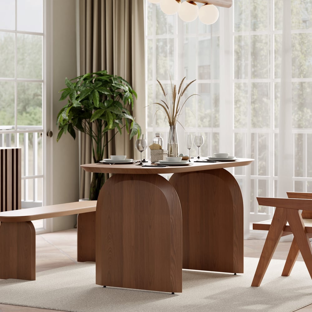 Tintica Series 59" Japandi Style Oval Wood Dining Table Walnut Seats 4 People window image