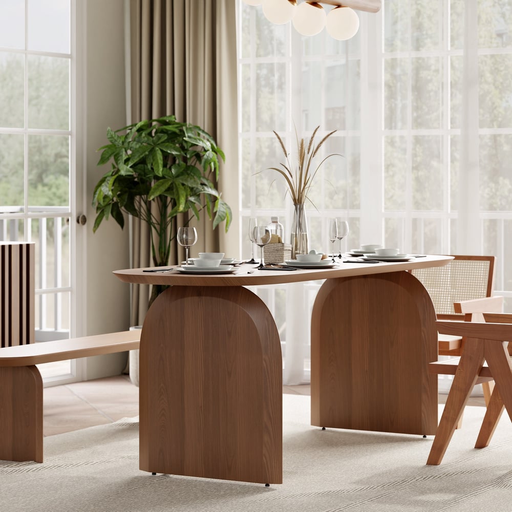 Tintica Series 78.7" Japandi Style Oval Wood Dining Table Walnut Seats 6-8 People window image
