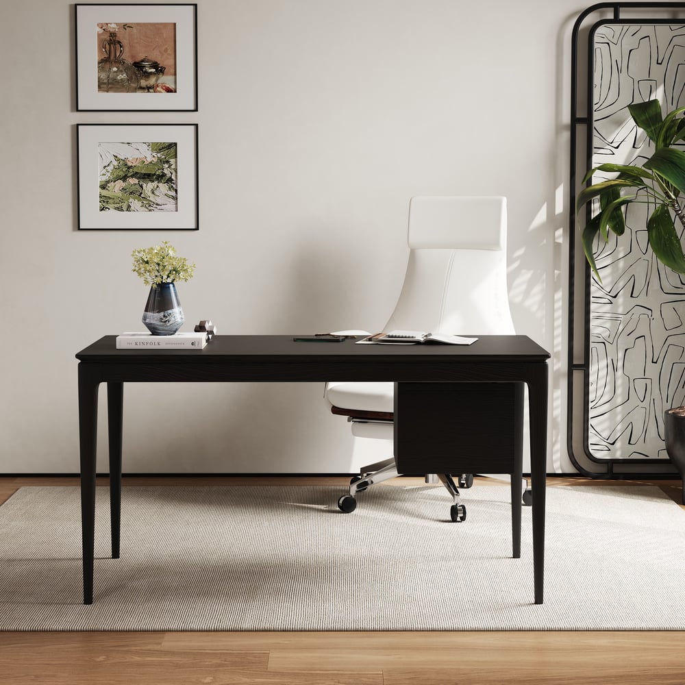 Mesa de escritório doméstico em madeira de freixo preto em estilo de meados do século com 3 gavetas (1400 mm) Imagem da janela