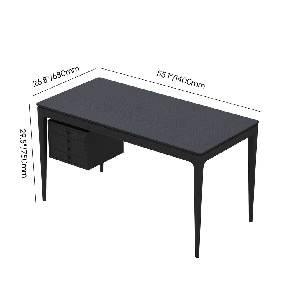 Mesa de escritório doméstico em madeira de freixo preto em estilo de meados do século com 3 gavetas (1400 mm) Imagem com pesos e dimensões