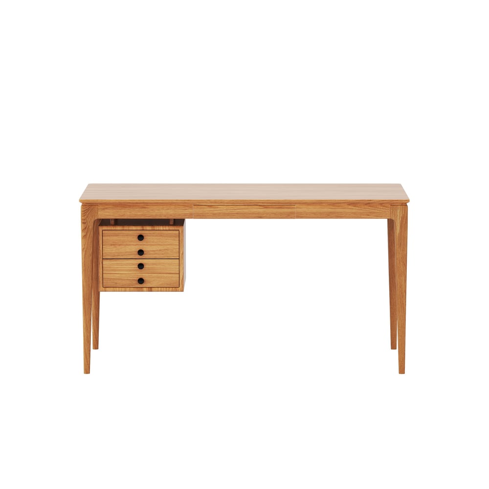 Mesa de escritório doméstico em madeira de freixo natural em estilo de meados do século com 3 gavetas (1400 mm) Imagem da janela