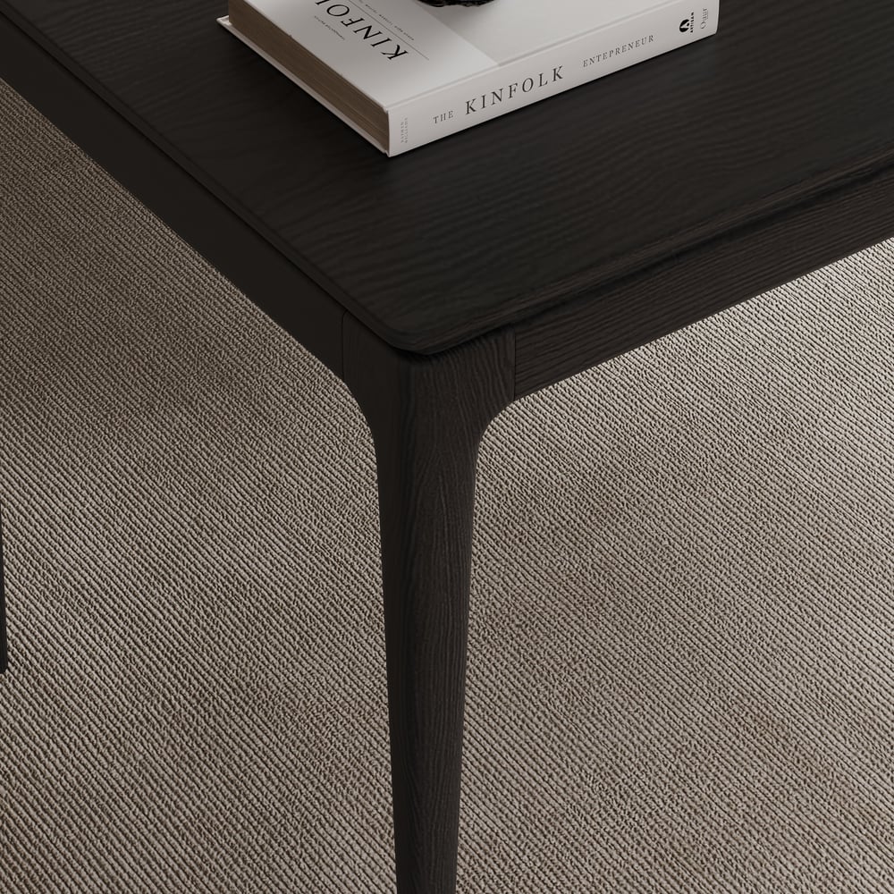 Mesa de escritório doméstico em madeira de freixo preto em estilo de meados do século com 3 gavetas (1400 mm) Imagem da janela