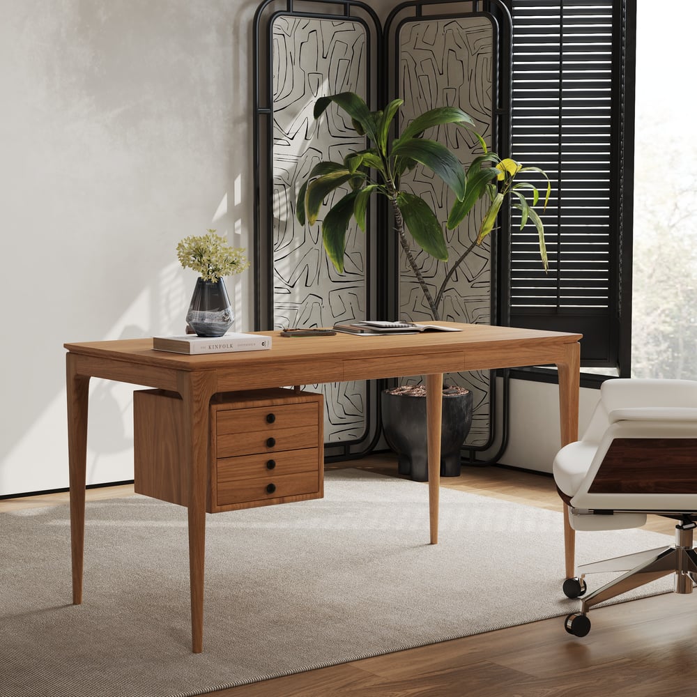 Mesa de escritório doméstico em madeira de freixo natural em estilo de meados do século com 3 gavetas (1400 mm) Imagem da janela