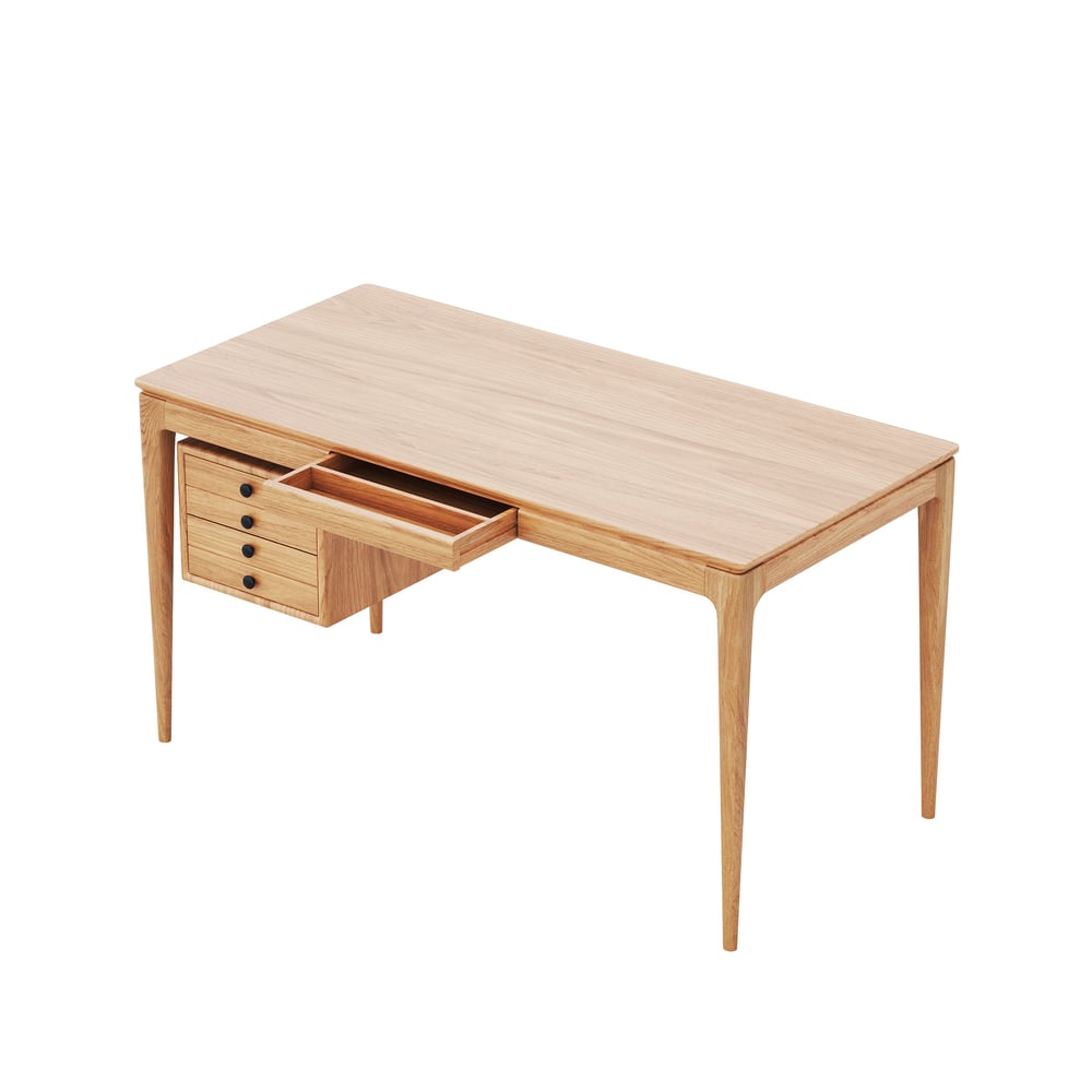 Mesa de escritório doméstico em madeira de freixo natural em estilo de meados do século com 3 gavetas (1400 mm) Imagem da janela