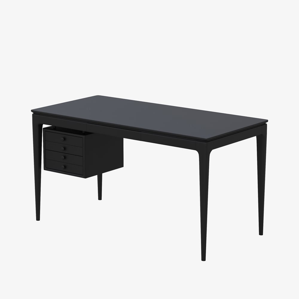 Mesa de escritório doméstico em madeira de freixo preto em estilo de meados do século com 3 gavetas (1400 mm) Imagem da janela