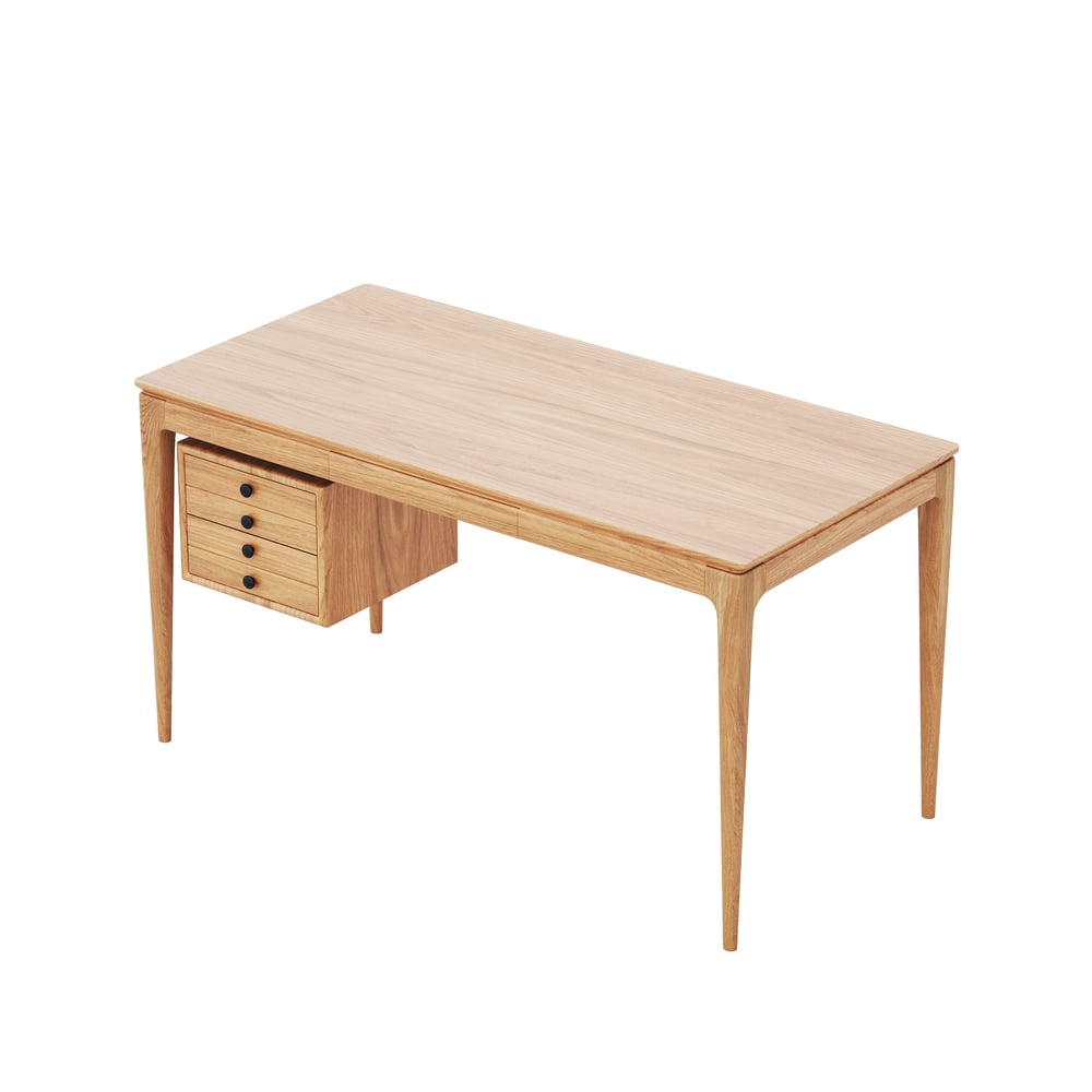 Mesa de escritório doméstico em madeira de freixo natural em estilo de meados do século com 3 gavetas (1400 mm) Imagem da janela