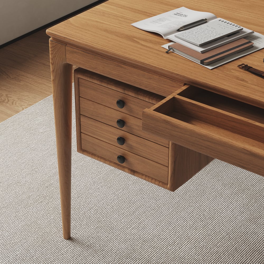 Mesa de escritório doméstico em madeira de freixo natural em estilo de meados do século com 3 gavetas (1400 mm) Imagem da janela