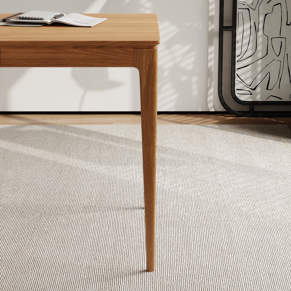 Mesa de escritório doméstico em madeira de freixo natural em estilo de meados do século com 3 gavetas (1400 mm) Imagem da janela