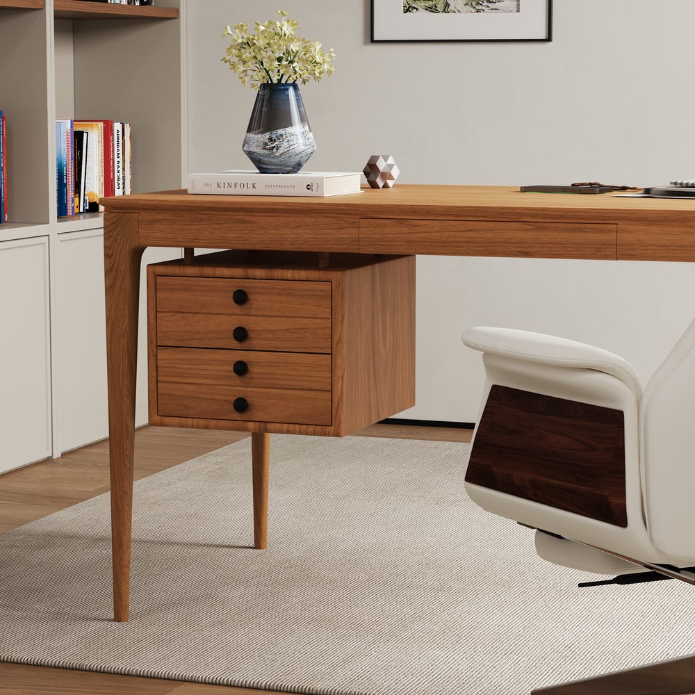 Mesa de escritório doméstico em madeira de freixo natural em estilo de meados do século com 3 gavetas (1400 mm) Imagem da janela