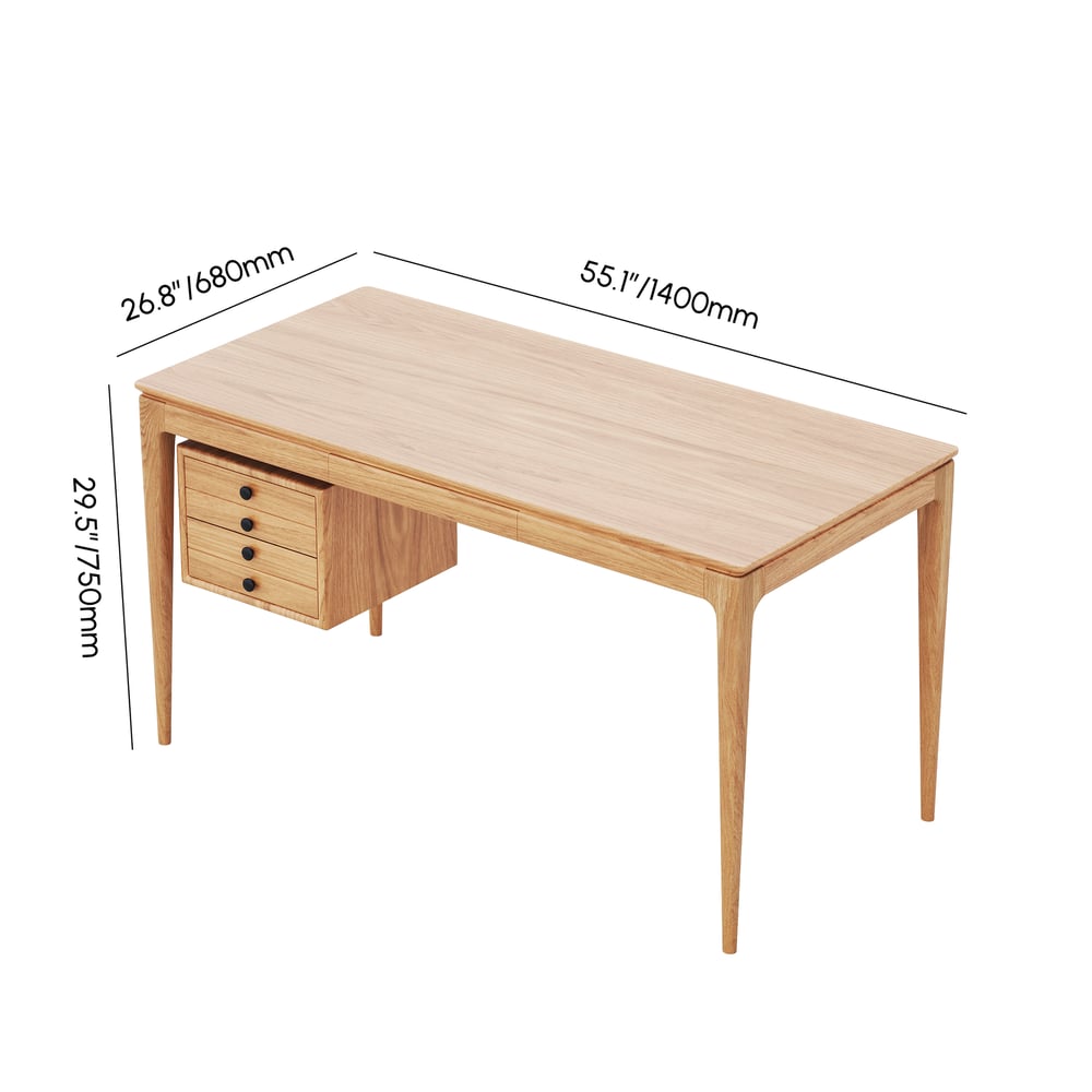 Mesa de escritório doméstico em madeira de freixo natural em estilo de meados do século com 3 gavetas (1400 mm) Imagem com pesos e dimensões
