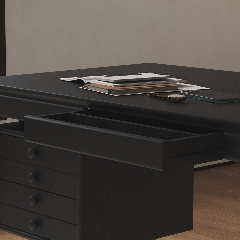 Mesa de escritório doméstico em madeira de freixo preto em estilo de meados do século com 3 gavetas (1400 mm) Imagem da janela