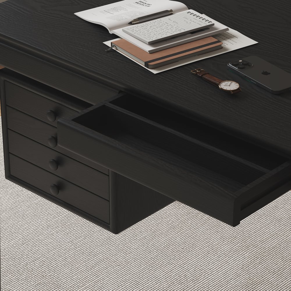 Mesa de escritório doméstico em madeira de freixo preto em estilo de meados do século com 3 gavetas (1400 mm) Imagem da janela