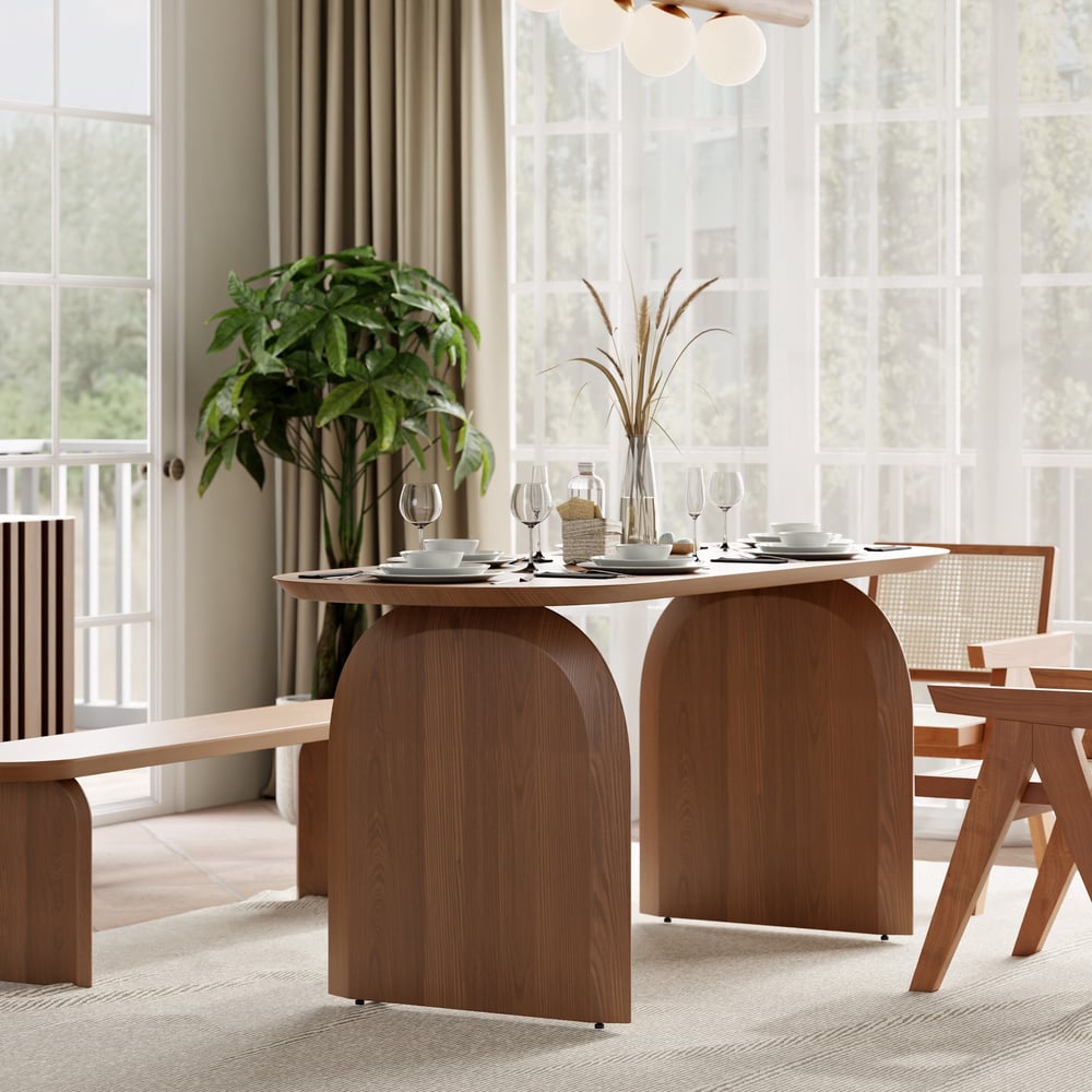 Tintica Series 70.9" Japandi Style Oval Wood Dining Table Walnut Seats 4-6 People window image
