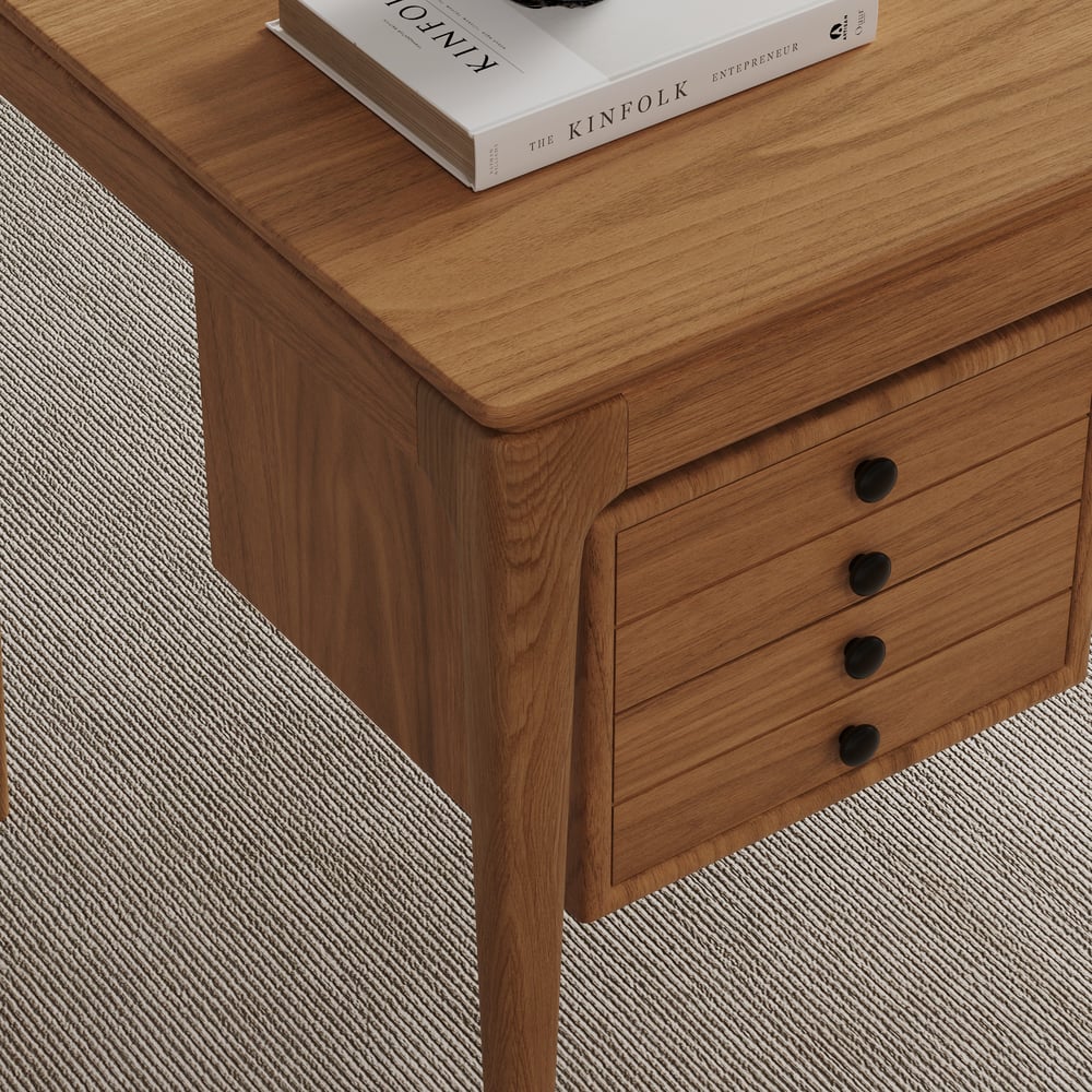 Mesa de escritório doméstico em madeira de freixo natural em estilo de meados do século com 3 gavetas (1400 mm) Imagem da janela