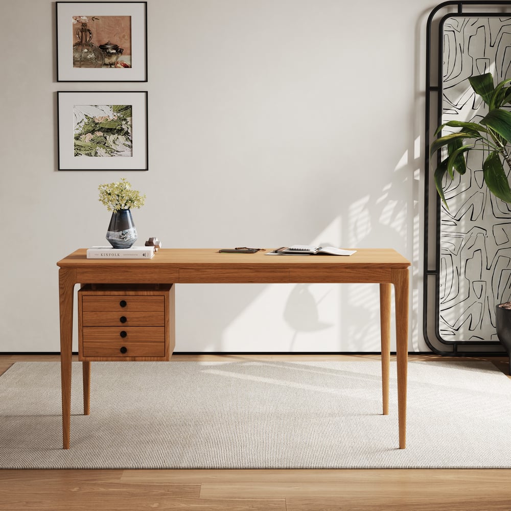 Mesa de escritório doméstico em madeira de freixo natural em estilo de meados do século com 3 gavetas (1400 mm) Imagem da janela