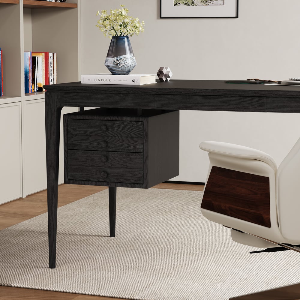 Mesa de escritório doméstico em madeira de freixo preto em estilo de meados do século com 3 gavetas (1400 mm) Imagem da janela