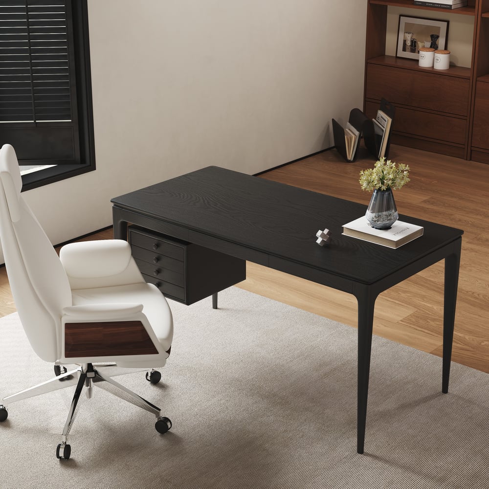 Mesa de escritório doméstico em madeira de freixo preto em estilo de meados do século com 3 gavetas (1400 mm) Imagem da janela