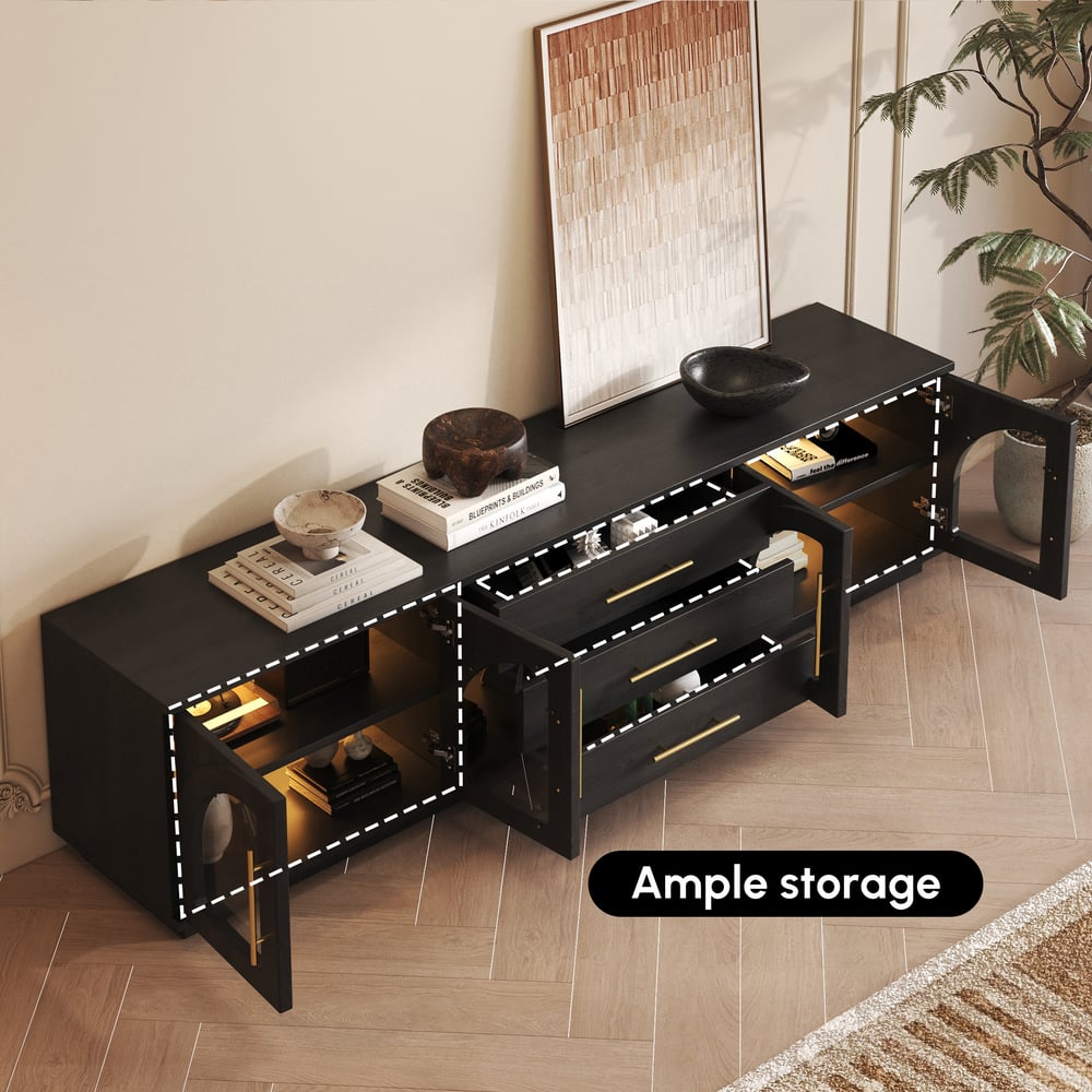 Arune 2030mm klenuté skleněné dveře TV stojan s úložným prostorem a LED obrázek okna