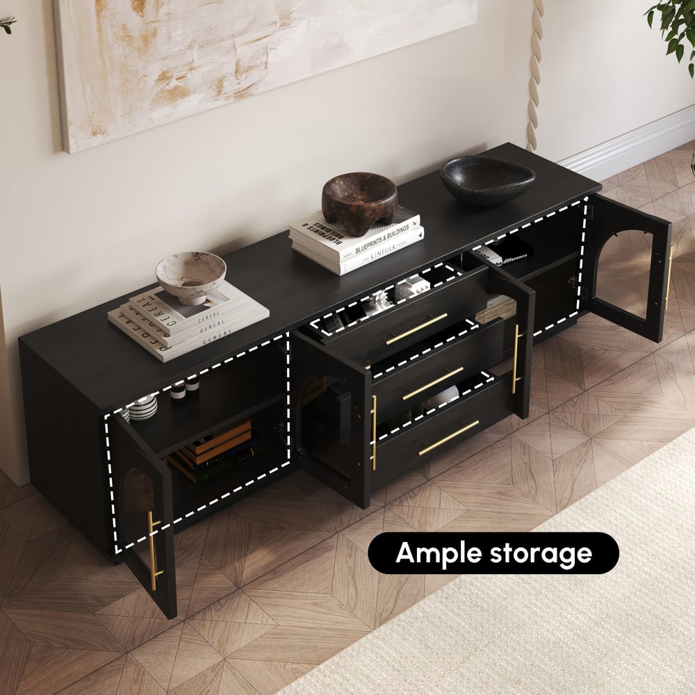 Arune 72" Arched Glass Doors TV Stand with Storage and LED window image