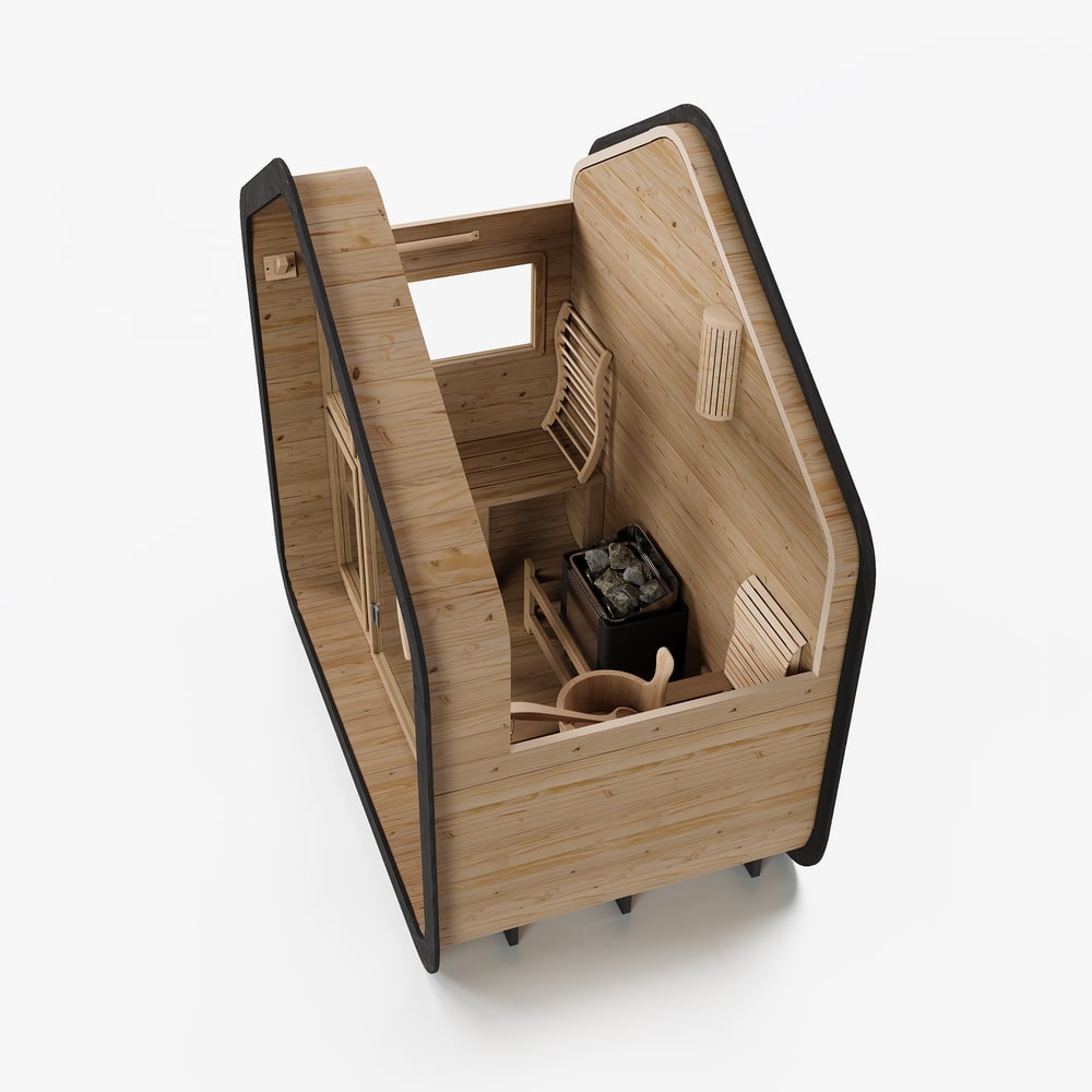 Outdoor Rustic Wooden Sauna with Front Porch Canopy for 2 Person window image