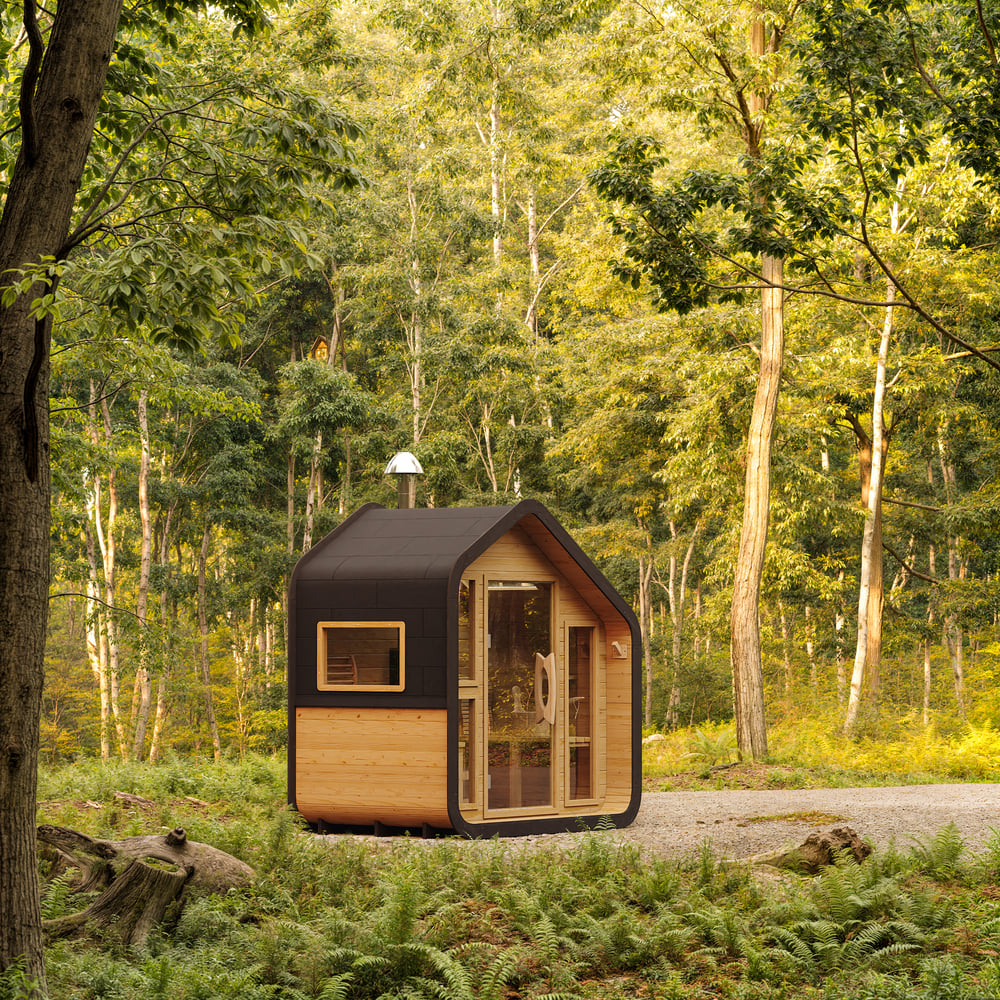 Outdoor Rustic Wooden Sauna with Front Porch Canopy for 2 Person window image