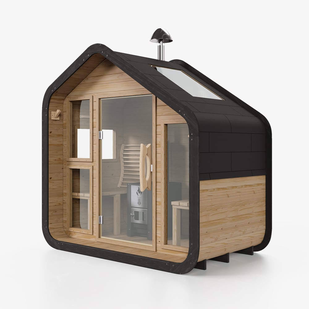 Outdoor Rustic Wooden Sauna with Front Porch Canopy for 2 Person window image