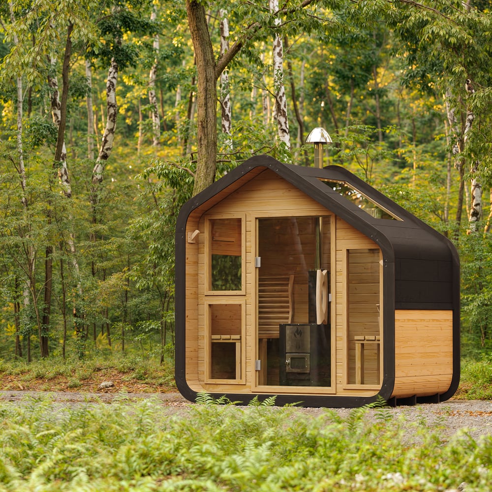 Outdoor Rustic Wooden Sauna with Front Porch Canopy for 2 Person window image