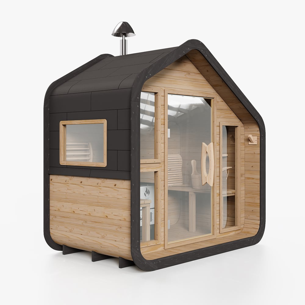 Outdoor Rustic Wooden Sauna with Front Porch Canopy for 2 Person window image