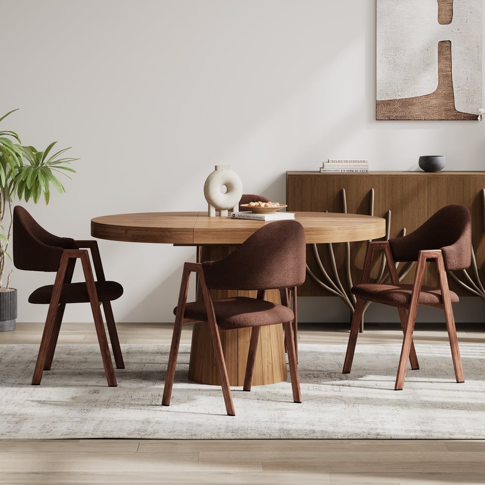 Brown Boucle Upholstered Dining Chair Curved Back Chair Set of 2 window image