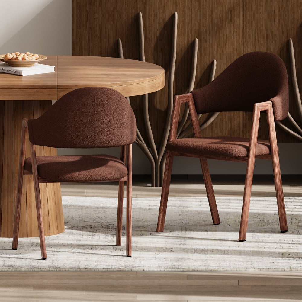 Brown Boucle Upholstered Dining Chair Curved Back Chair Set of 2 window image