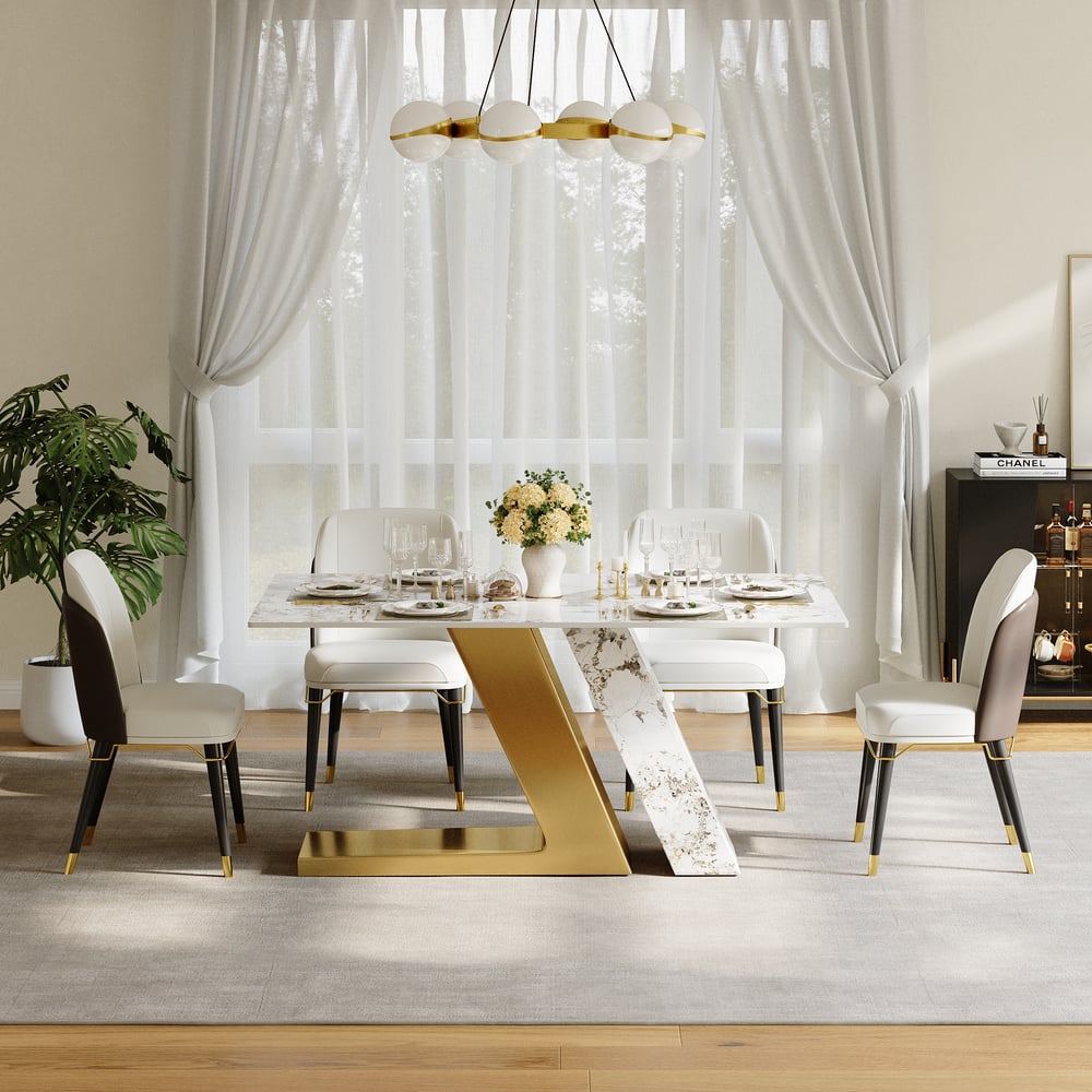 Moderna mesa de comedor rectangular de piedra sinterizada de 1600 mm con 4 sillas en dorado imagen de ventana
