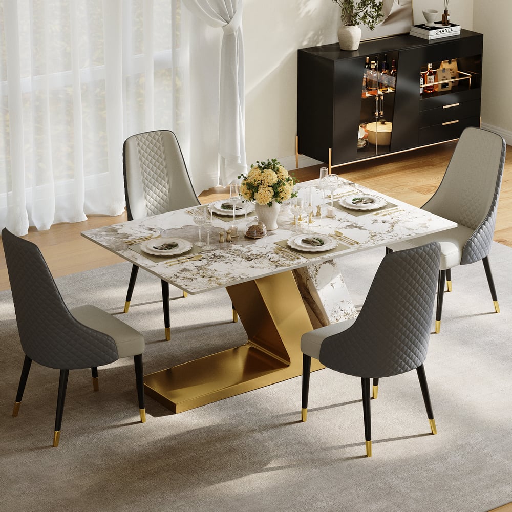 Modern 1600mm Rectangle Sintered Stone Dining Table with 4 Chairs in Gold window image