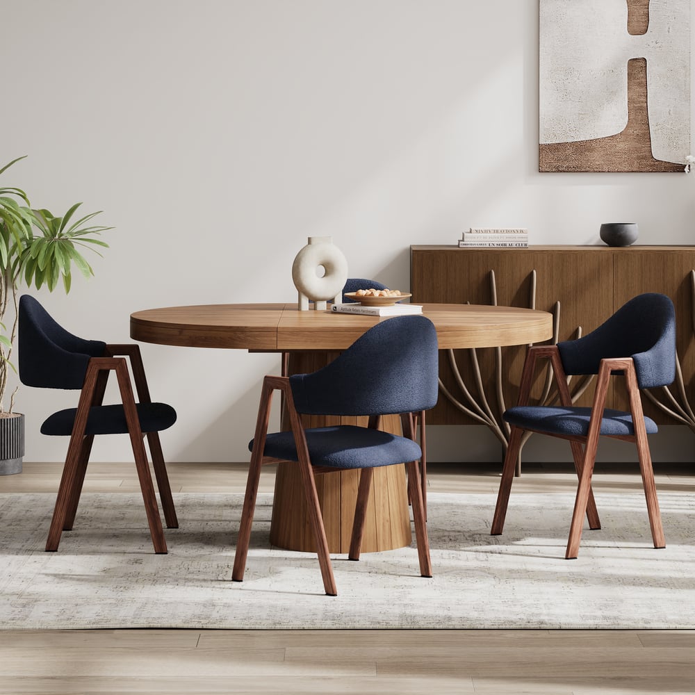 Blue Boucle Upholstered Dining Chair Curved Back Chair Set of 2 window image